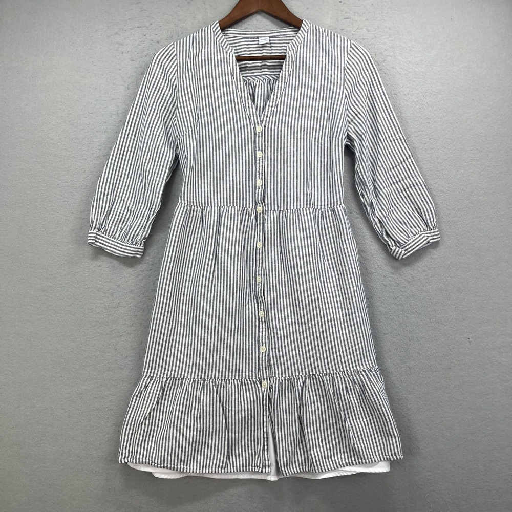 Old Navy Shirt Dress Womens S Grey Striped Linen Blend Tiered Mini Coastal Boho